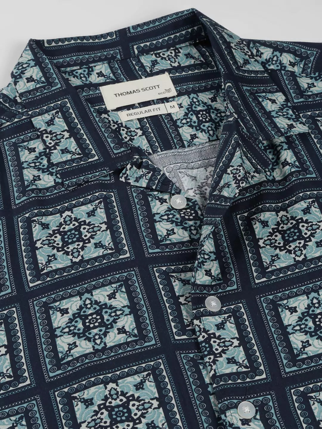 Thomas Scott Men Classic Printed Cuban Collar Short Sleeves Casual Shirt