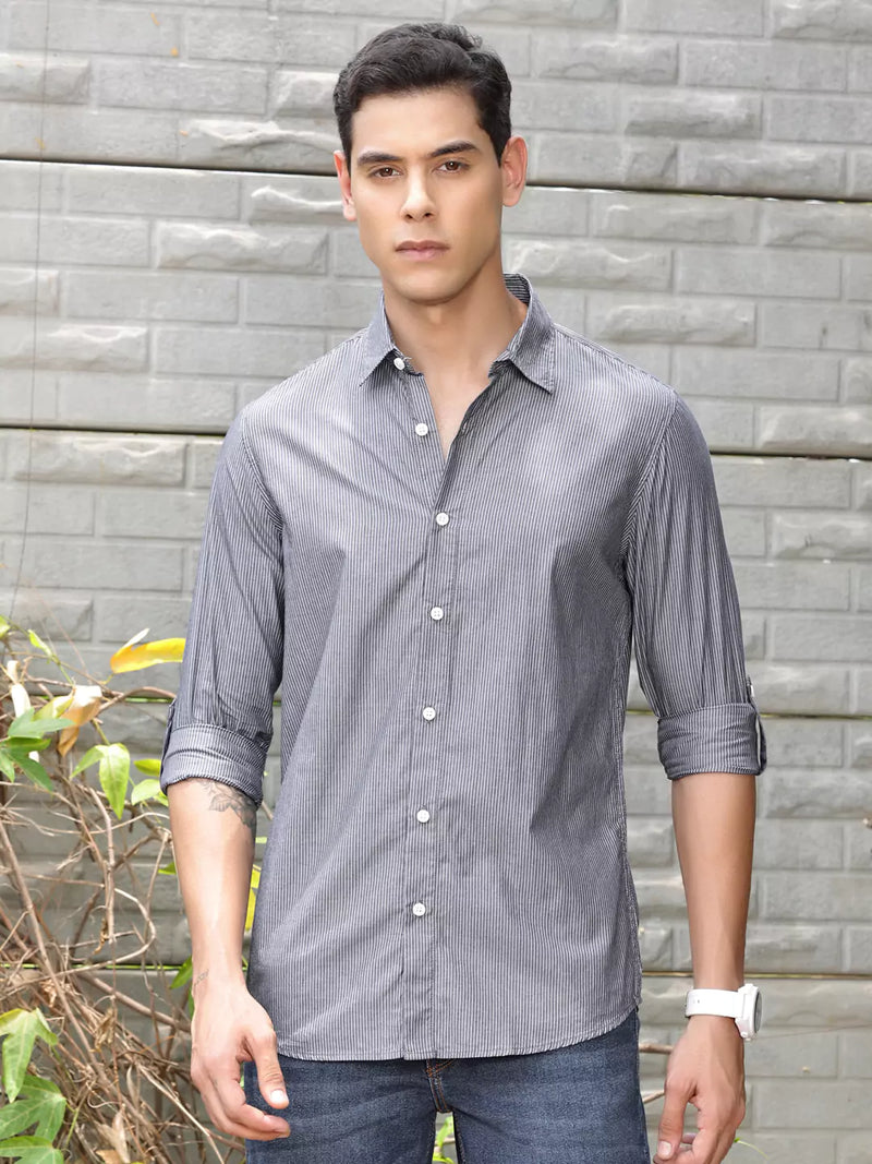 Thomas Scott Men Premium Fit Striped Spread Collar Roll-Up Sleeves Cotton Casual Shirt