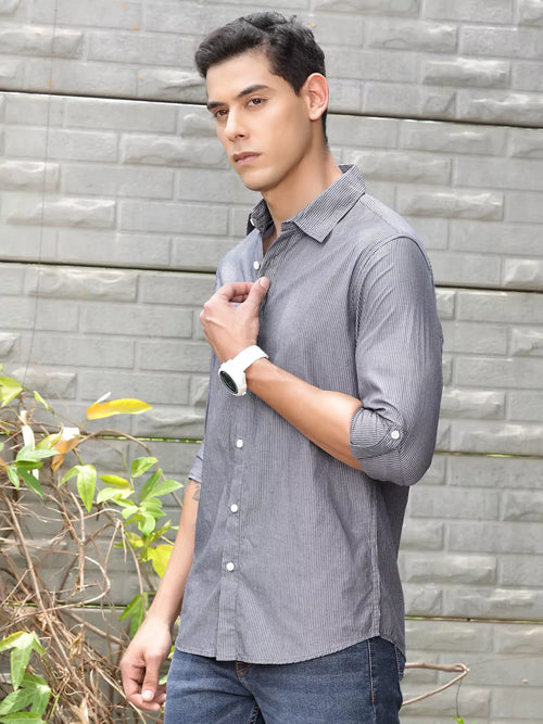 Thomas Scott Men Premium Fit Striped Spread Collar Roll-Up Sleeves Cotton Casual Shirt