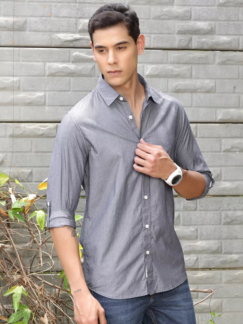 Thomas Scott Men Premium Fit Striped Spread Collar Roll-Up Sleeves Cotton Casual Shirt