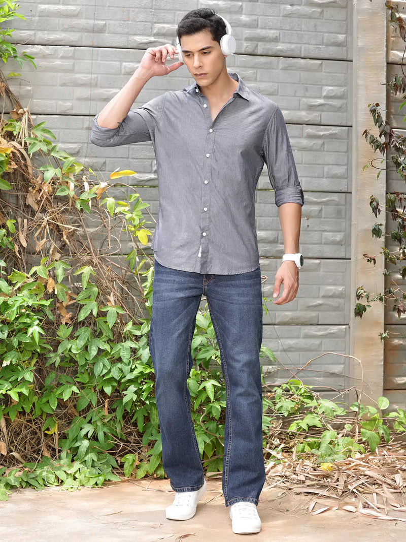 Thomas Scott Men Premium Fit Striped Spread Collar Roll-Up Sleeves Cotton Casual Shirt