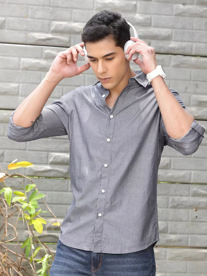 Thomas Scott Men Premium Fit Striped Spread Collar Roll-Up Sleeves Cotton Casual Shirt