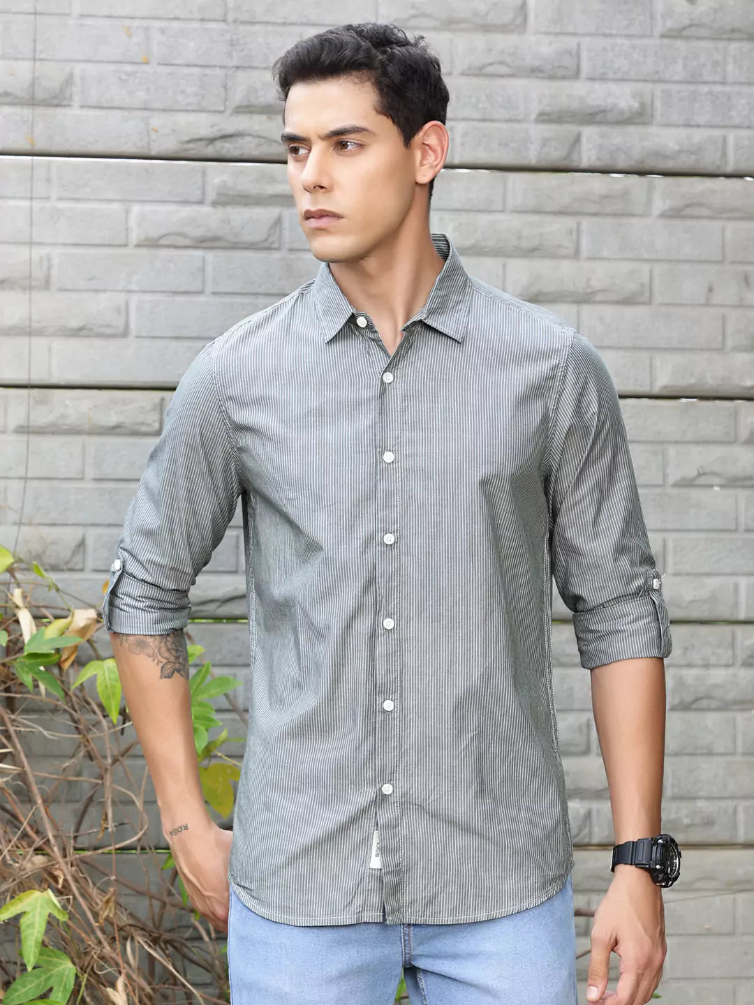 Thomas Scott Men Premium Long Sleeves Spread Collar Cotton Opaque Striped Casual Shirt