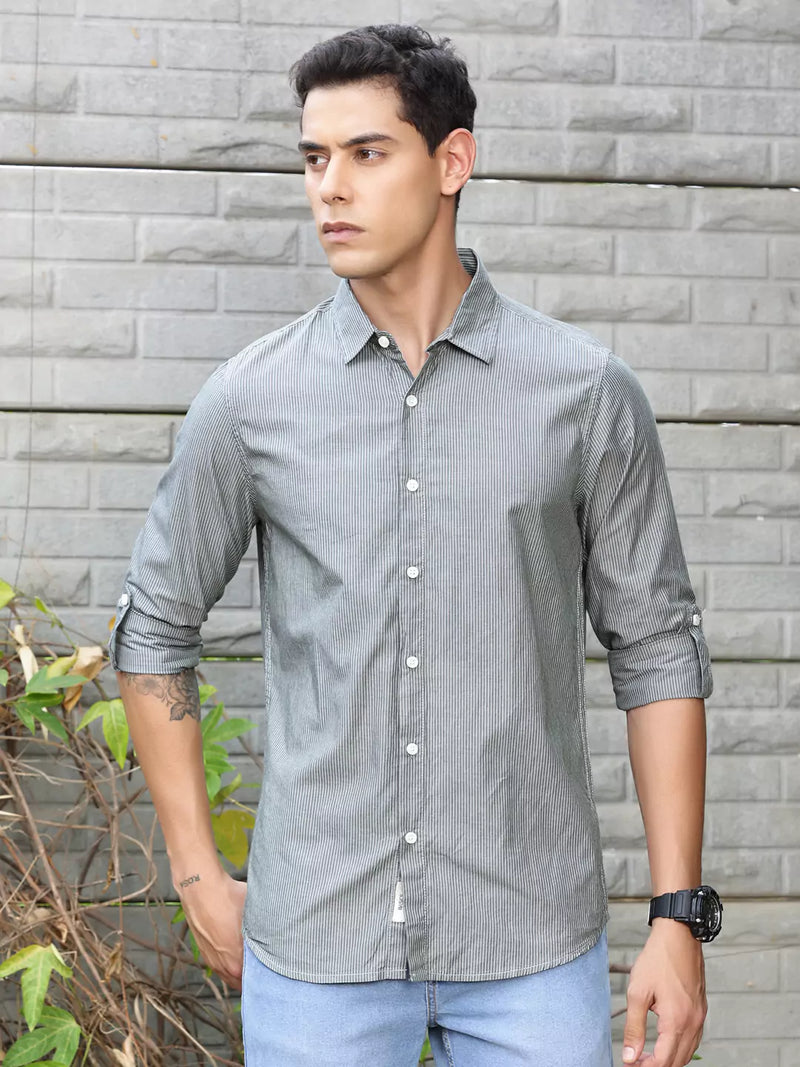 Thomas Scott Men Premium Long Sleeves Spread Collar Cotton Opaque Striped Casual Shirt