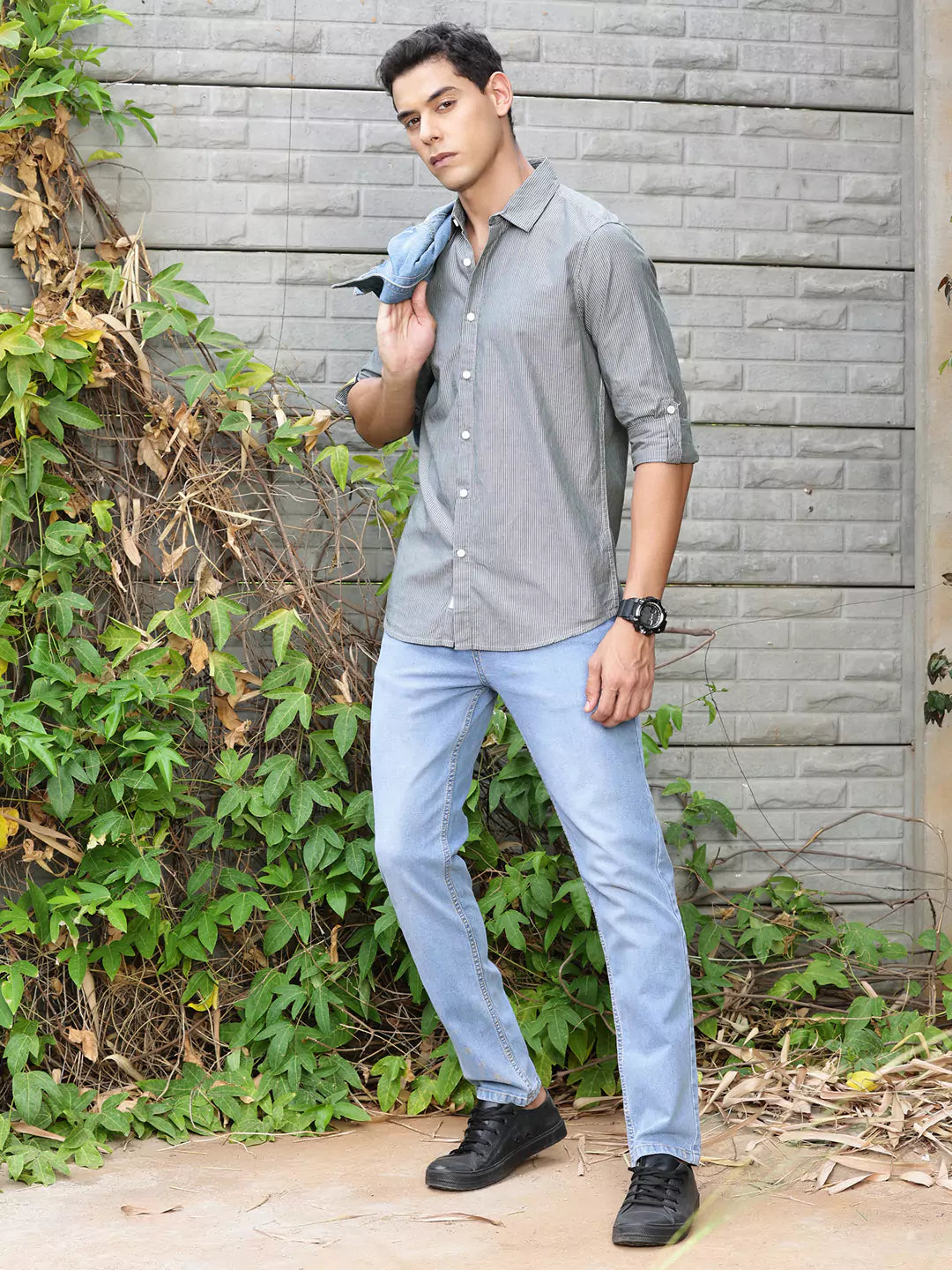 Thomas Scott Men Premium Long Sleeves Spread Collar Cotton Opaque Striped Casual Shirt