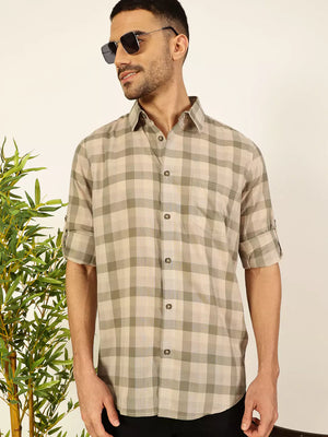Thomas Scott Men Premium Spread Collar Shepherd Checked Cotton Casual Shirt
