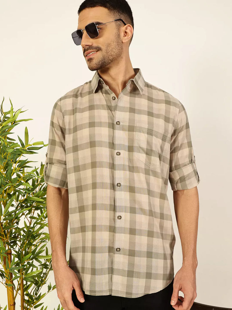 Thomas Scott Men Premium Spread Collar Shepherd Checked Cotton Casual Shirt