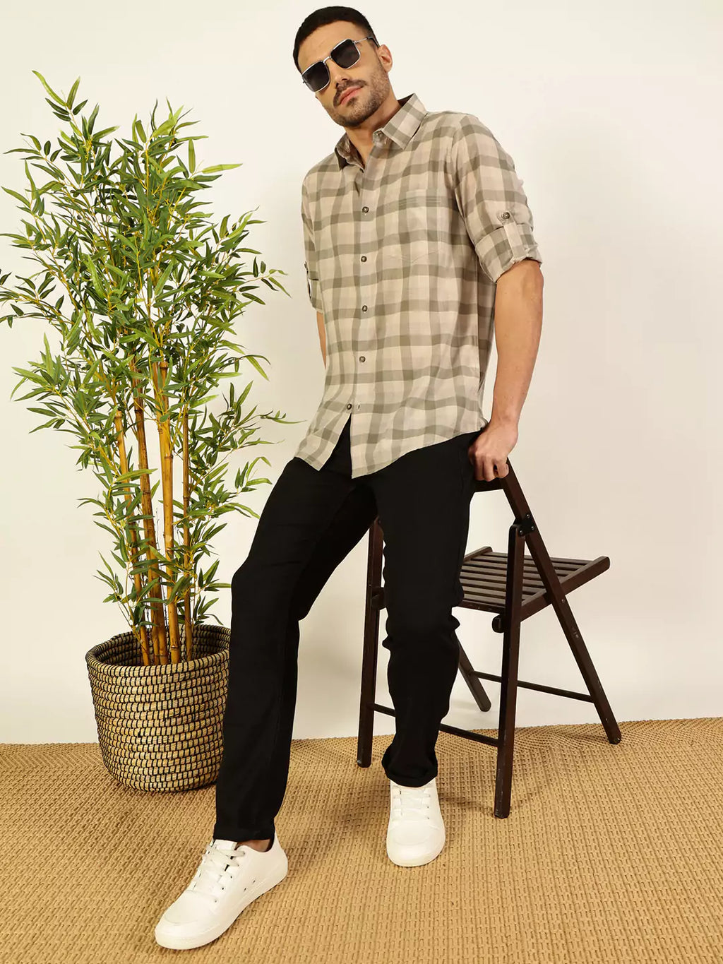 Thomas Scott Men Premium Spread Collar Shepherd Checked Cotton Casual Shirt