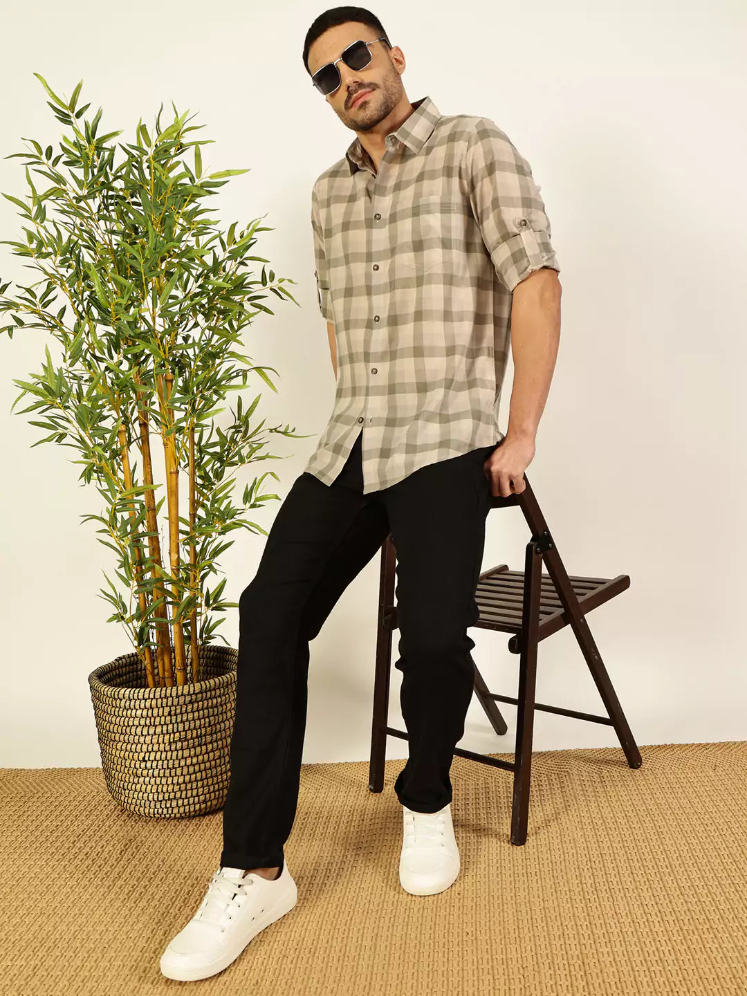 Thomas Scott Men Premium Spread Collar Shepherd Checked Cotton Casual Shirt