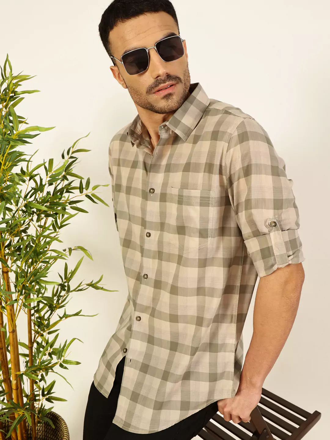 Thomas Scott Men Premium Spread Collar Shepherd Checked Cotton Casual Shirt