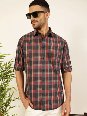 Thomas Scott Men Premium Spread Collar Shepherd Checked Cotton Casual Shirt
