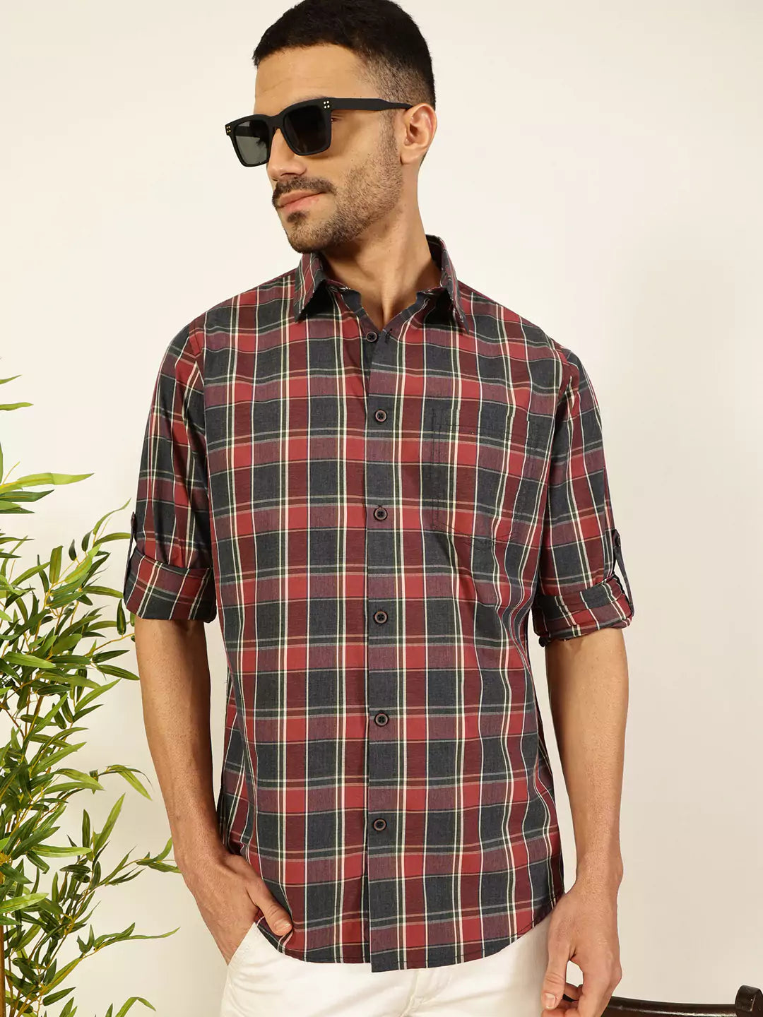 Thomas Scott Men Premium Spread Collar Shepherd Checked Cotton Casual Shirt