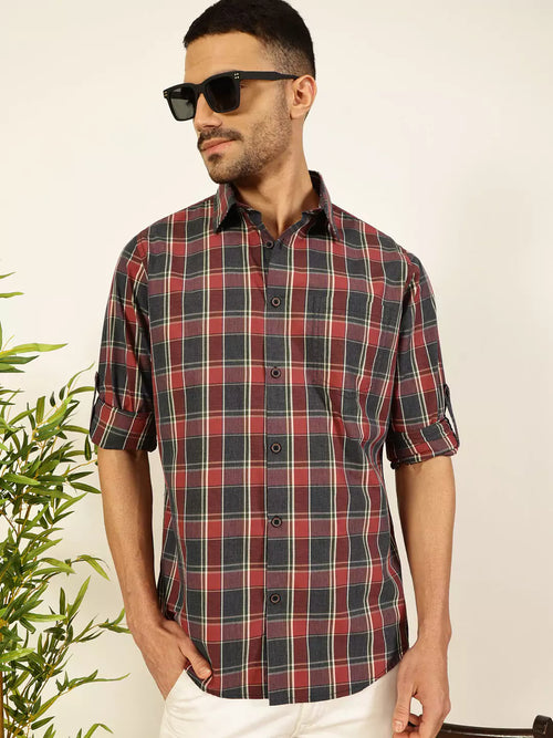Thomas Scott Men Premium Spread Collar Shepherd Checked Cotton Casual Shirt