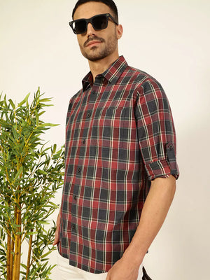 Thomas Scott Men Premium Spread Collar Shepherd Checked Cotton Casual Shirt