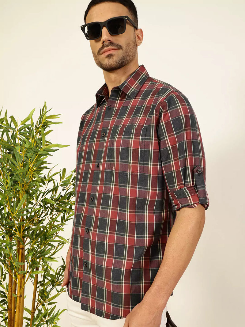 Thomas Scott Men Premium Spread Collar Shepherd Checked Cotton Casual Shirt