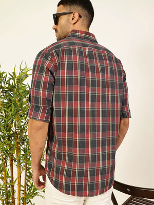 Thomas Scott Men Premium Spread Collar Shepherd Checked Cotton Casual Shirt