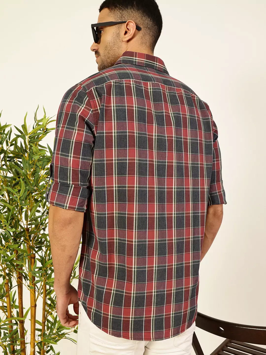 Thomas Scott Men Premium Spread Collar Shepherd Checked Cotton Casual Shirt