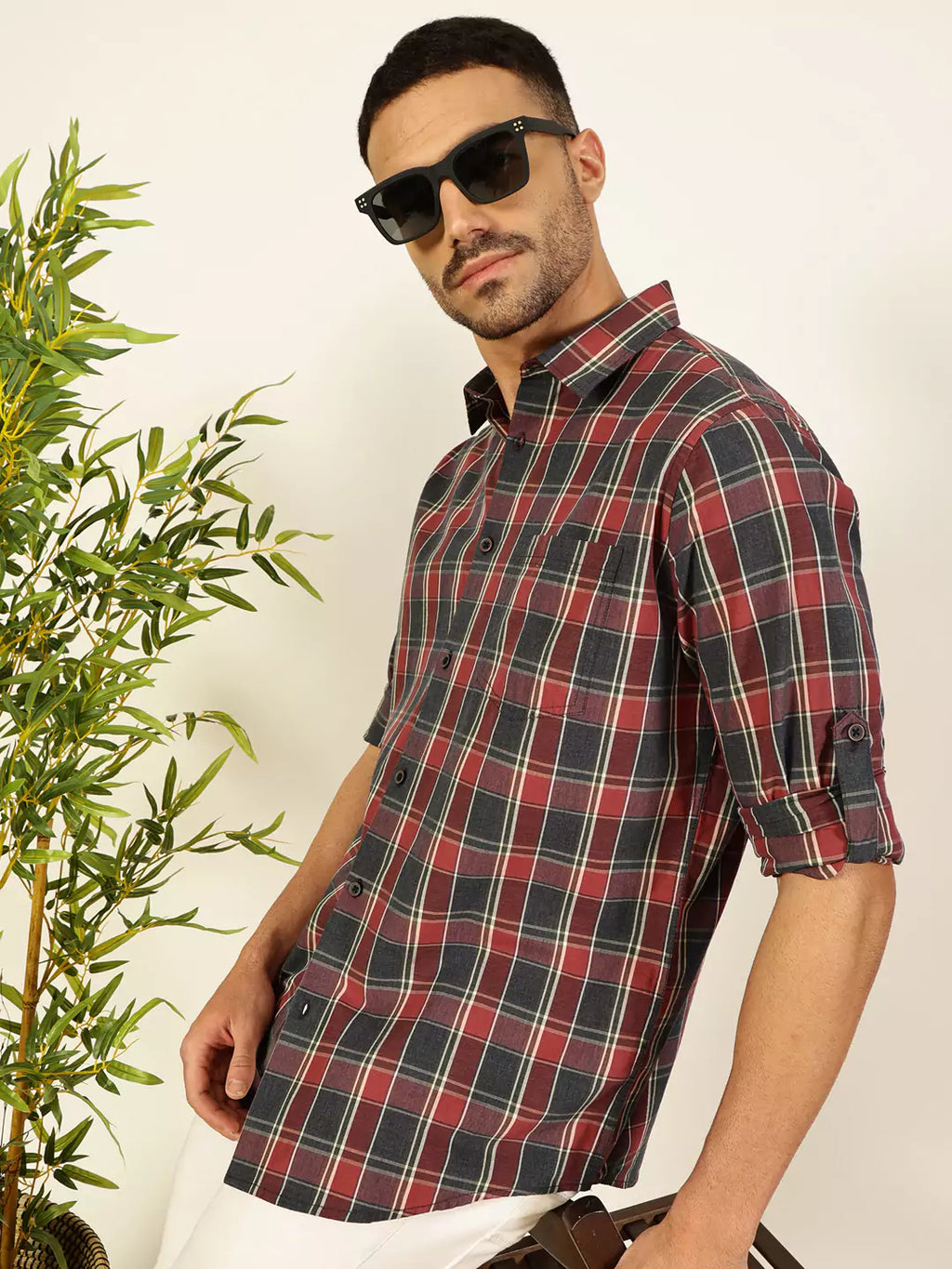 Thomas Scott Men Premium Spread Collar Shepherd Checked Cotton Casual Shirt