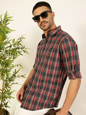 Thomas Scott Men Premium Spread Collar Shepherd Checked Cotton Casual Shirt