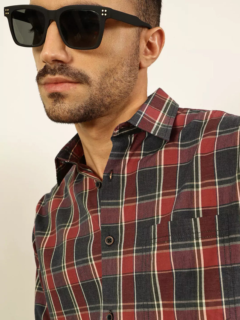 Thomas Scott Men Premium Spread Collar Shepherd Checked Cotton Casual Shirt