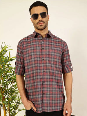 Thomas Scott Men Premium Spread Collar Tartan Checked Cotton Casual Shirt
