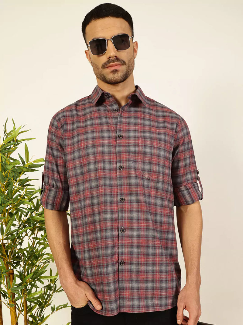 Thomas Scott Men Premium Spread Collar Tartan Checked Cotton Casual Shirt