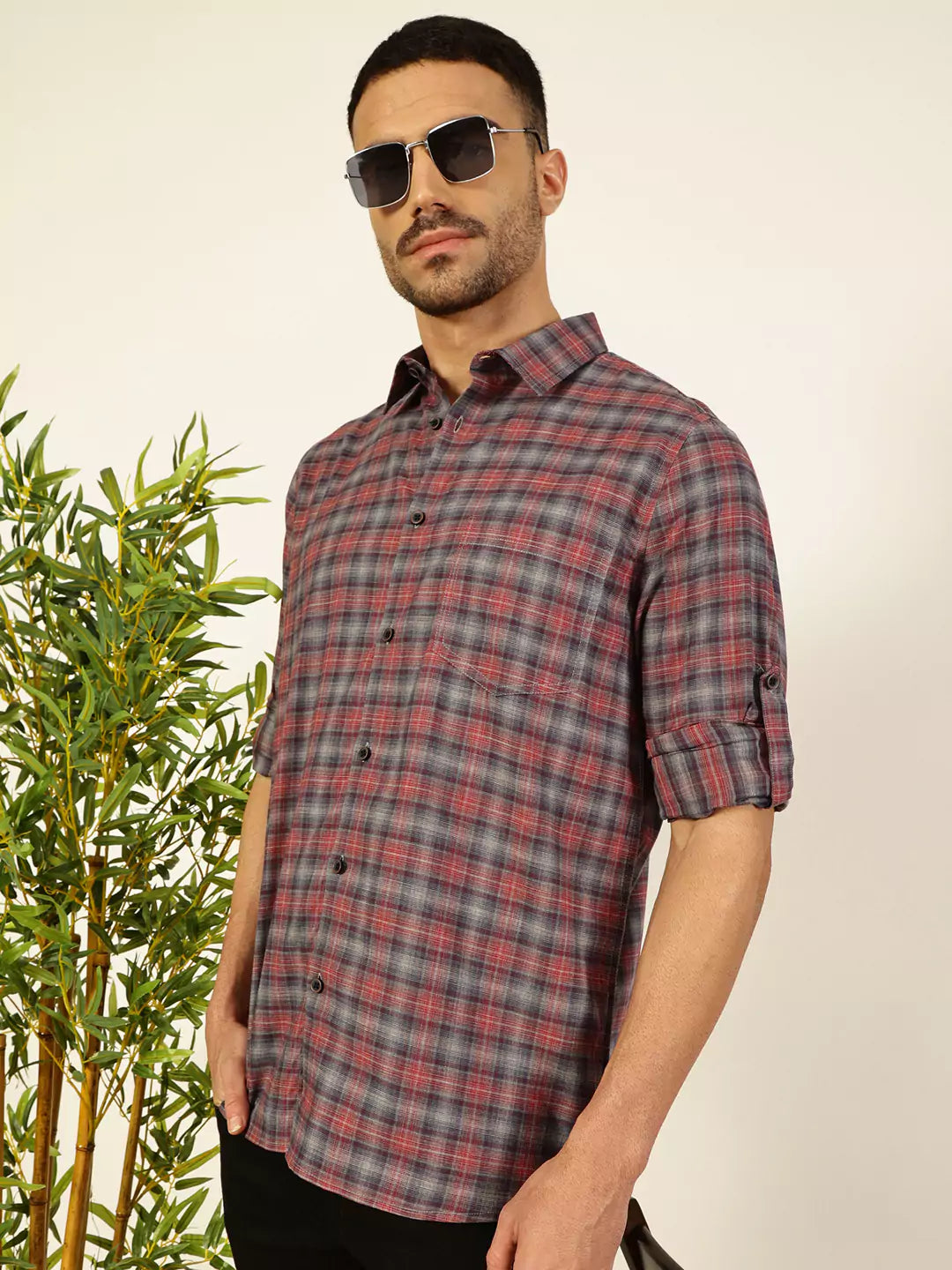 Thomas Scott Men Premium Spread Collar Tartan Checked Cotton Casual Shirt