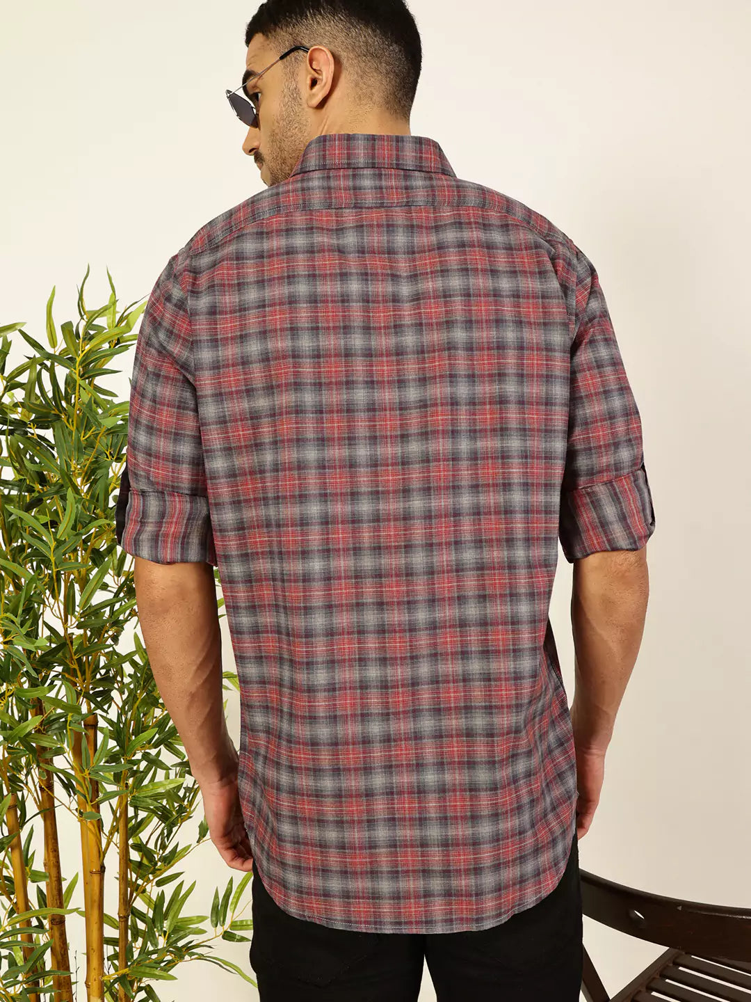 Thomas Scott Men Premium Spread Collar Tartan Checked Cotton Casual Shirt