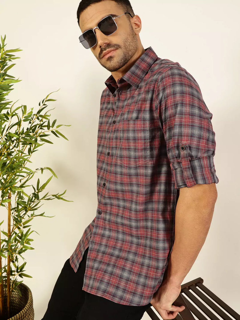 Thomas Scott Men Premium Spread Collar Tartan Checked Cotton Casual Shirt