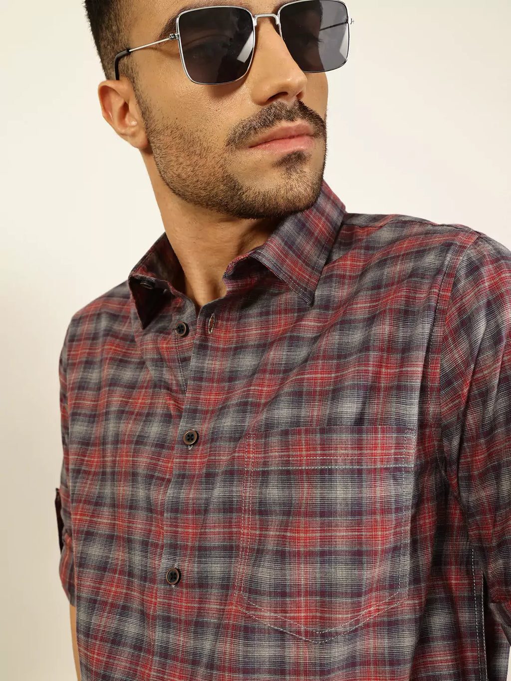 Thomas Scott Men Premium Spread Collar Tartan Checked Cotton Casual Shirt