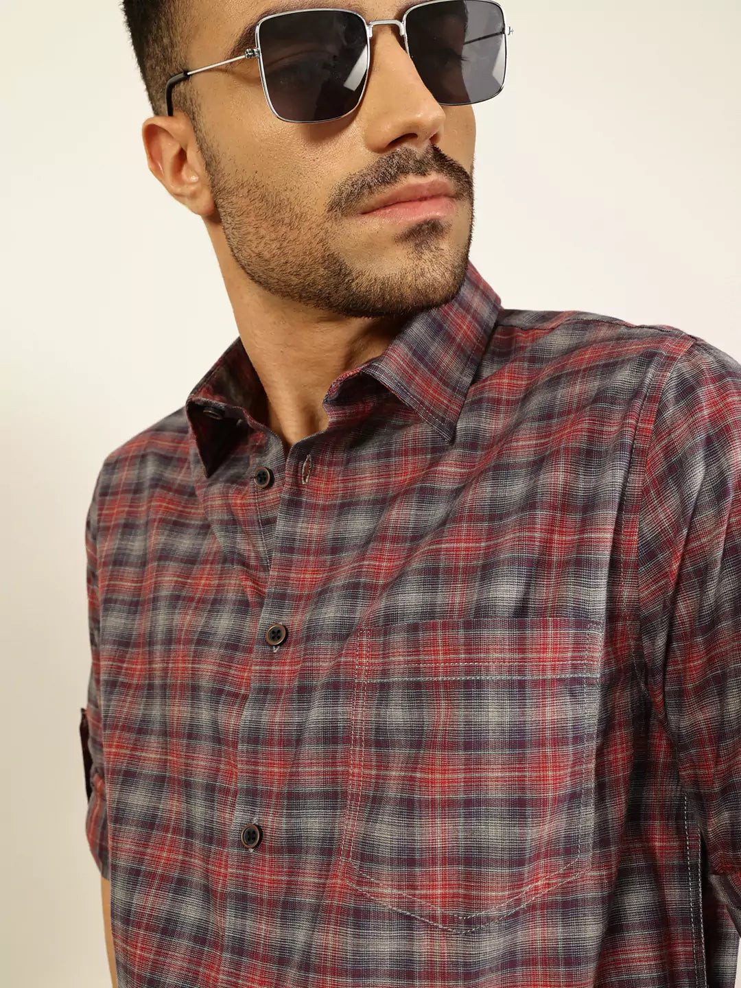 Thomas Scott Men Premium Spread Collar Tartan Checked Cotton Casual Shirt