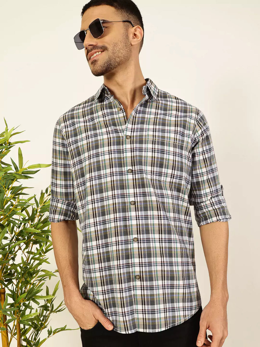 Thomas Scott Men Premium Spread Collar Tartan Checked Cotton Casual Shirt
