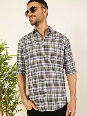 Thomas Scott Men Premium Spread Collar Tartan Checked Cotton Casual Shirt