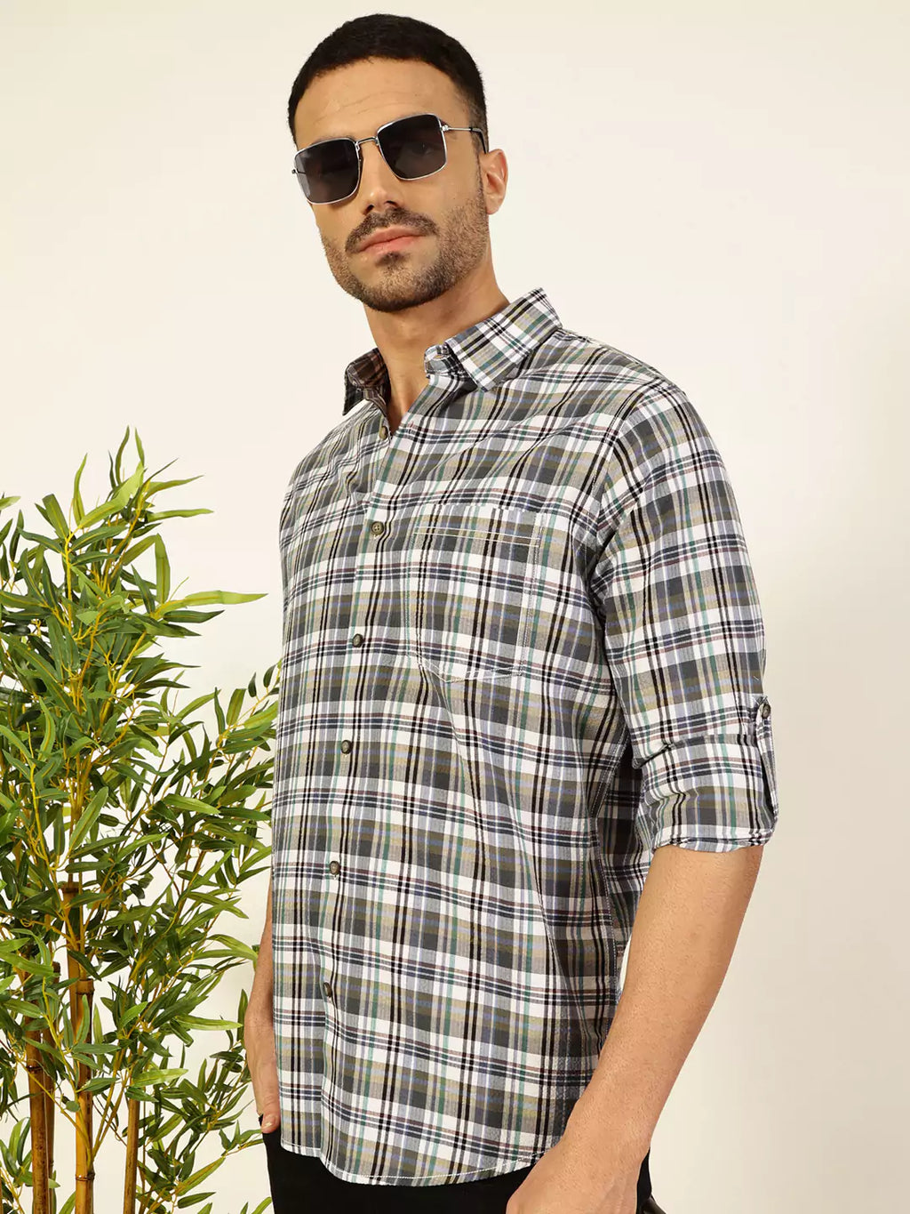 Thomas Scott Men Premium Spread Collar Tartan Checked Cotton Casual Shirt
