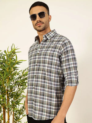 Thomas Scott Men Premium Spread Collar Tartan Checked Cotton Casual Shirt