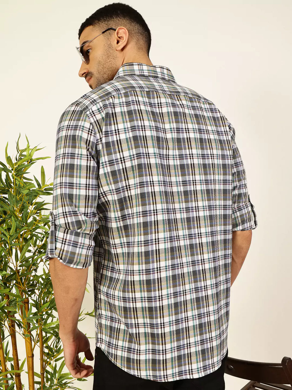 Thomas Scott Men Premium Spread Collar Tartan Checked Cotton Casual Shirt