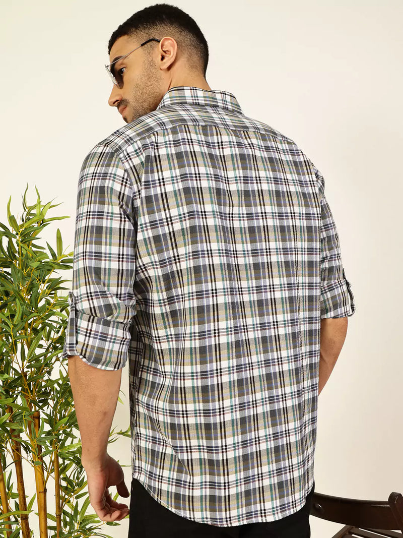 Thomas Scott Men Premium Spread Collar Tartan Checked Cotton Casual Shirt