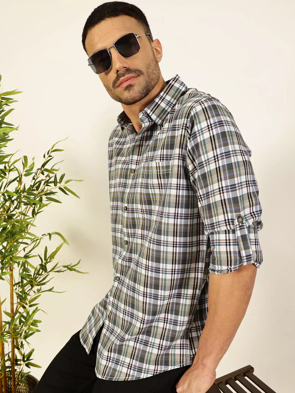 Thomas Scott Men Premium Spread Collar Tartan Checked Cotton Casual Shirt