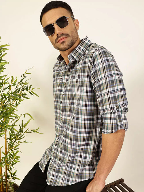 Thomas Scott Men Premium Spread Collar Tartan Checked Cotton Casual Shirt
