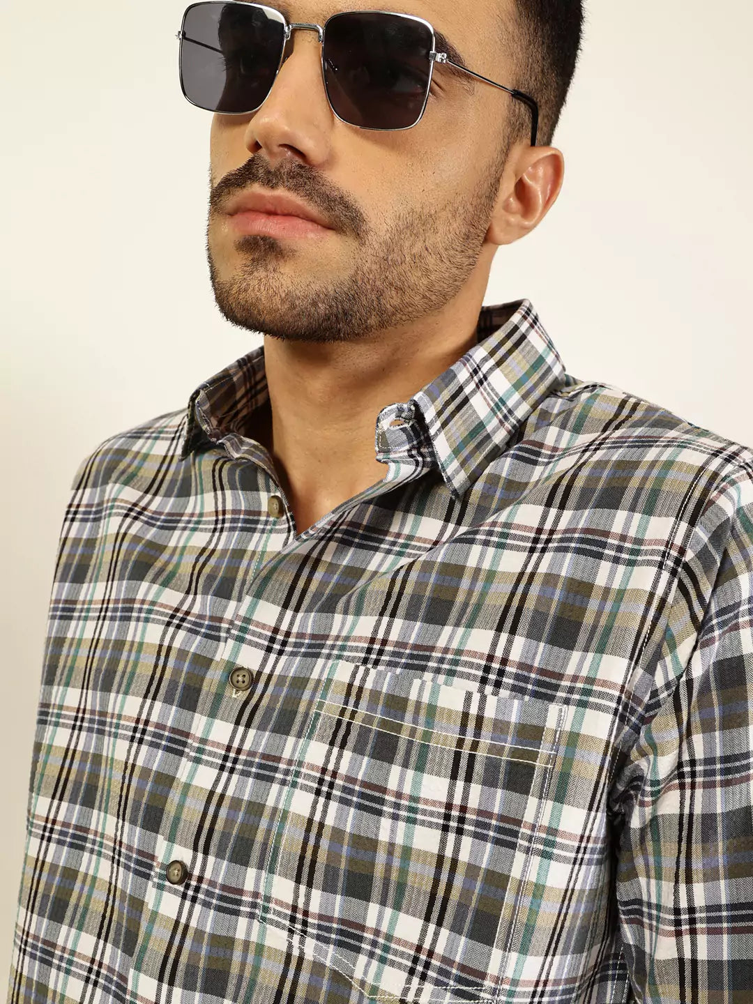 Thomas Scott Men Premium Spread Collar Tartan Checked Cotton Casual Shirt