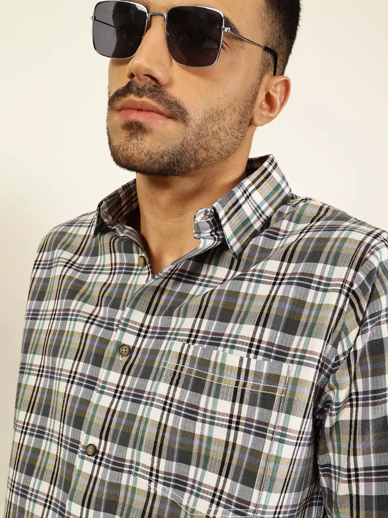Thomas Scott Men Premium Spread Collar Tartan Checked Cotton Casual Shirt