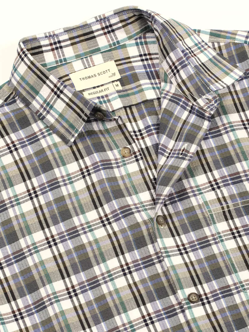Thomas Scott Men Premium Spread Collar Tartan Checked Cotton Casual Shirt