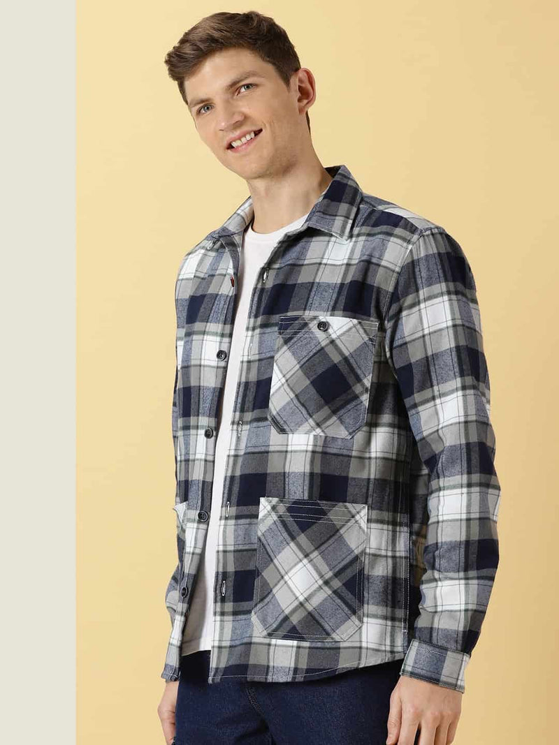 Thomas Scott Men Classic Spread Collar Long Sleeves Checked Casual Shirt
