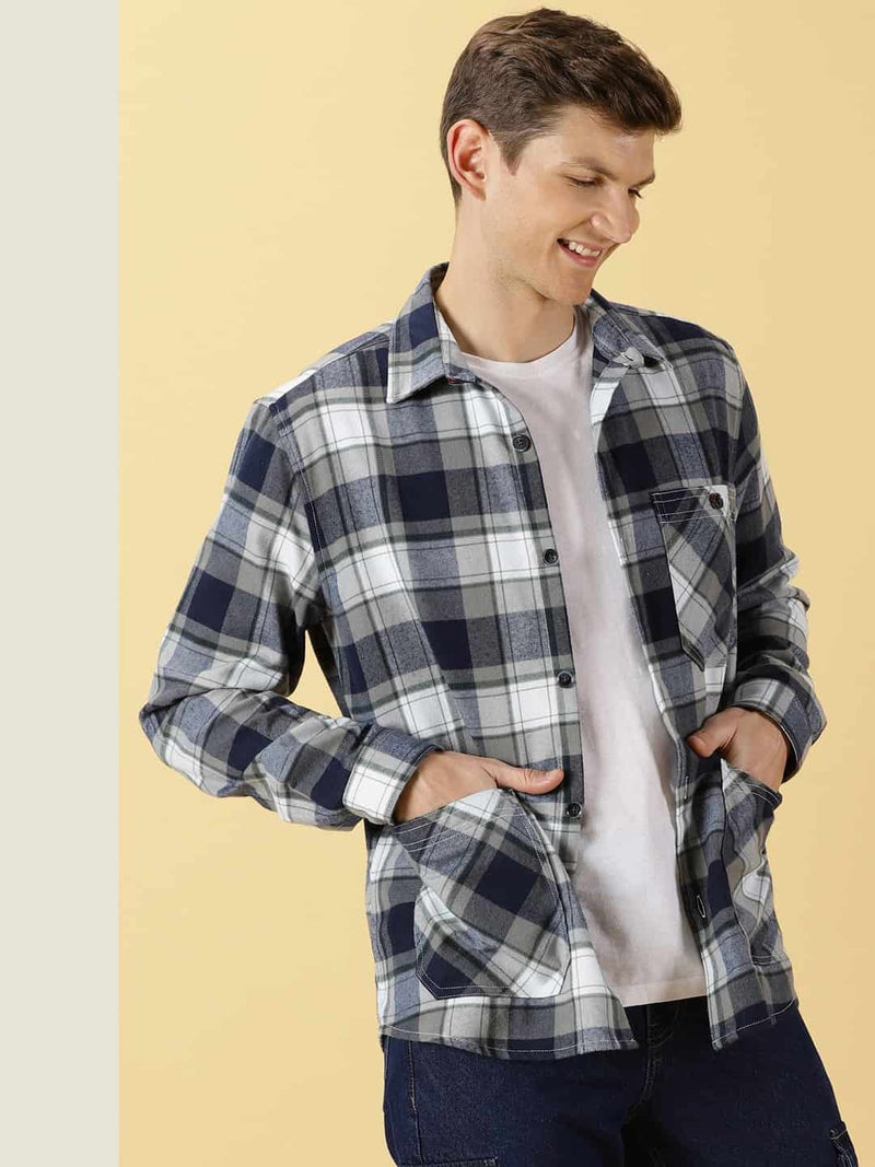 Thomas Scott Men Classic Spread Collar Long Sleeves Checked Casual Shirt