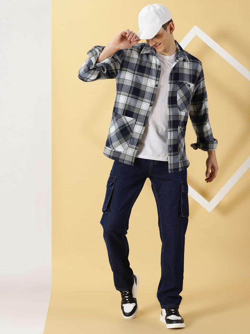 Thomas Scott Men Classic Spread Collar Long Sleeves Checked Casual Shirt