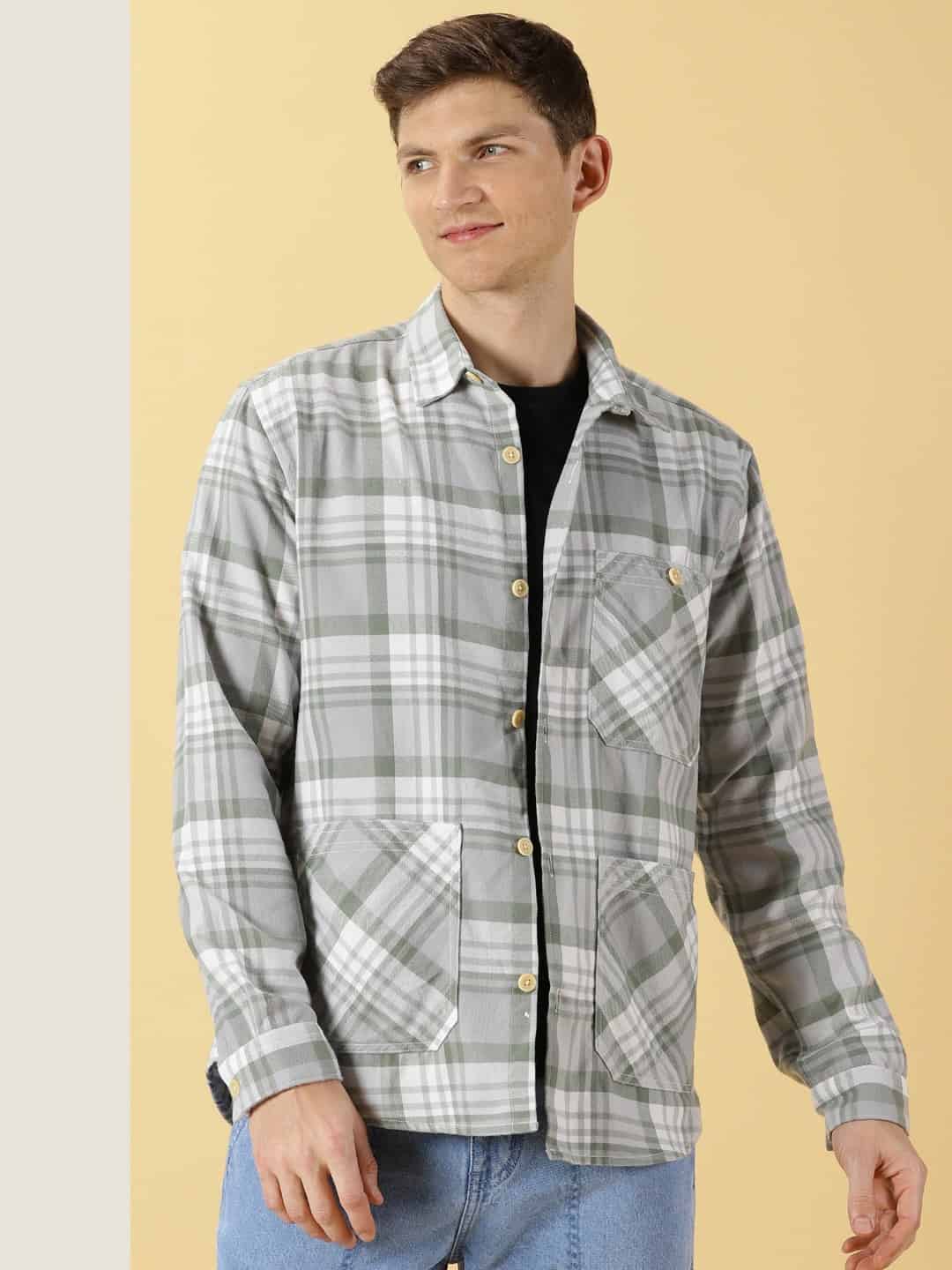 Thomas Scott Men Classic Spread Collar Long Sleeves Checked Casual Shirt