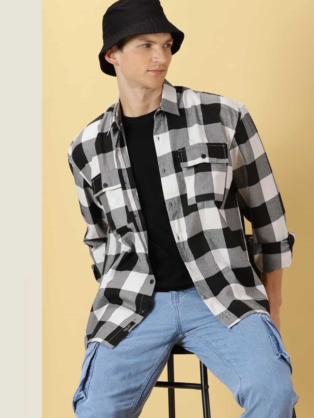 Thomas Scott Men Classic spread collar Long Sleeves Checked Casual Shirt