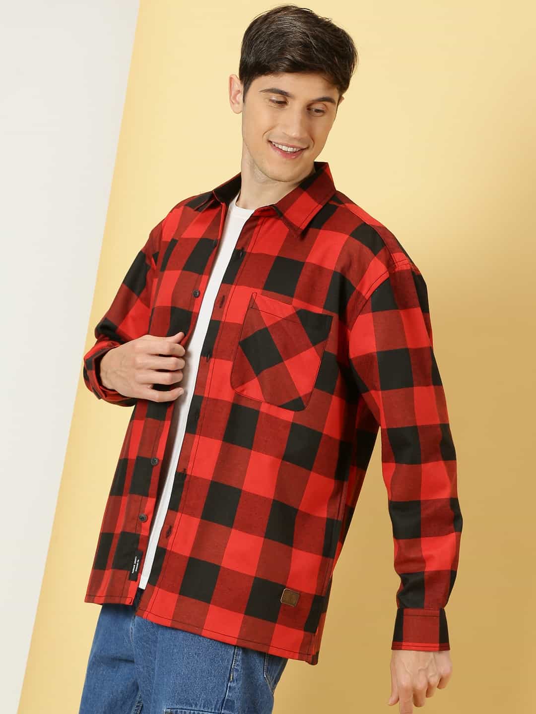 Thomas Scott Men Smart Checked Spread Collar Long Sleeves Oversized Casual Shacket