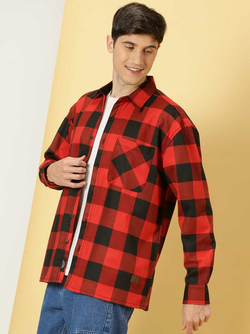 Thomas Scott Men Smart Checked Spread Collar Long Sleeves Oversized Casual Shacket