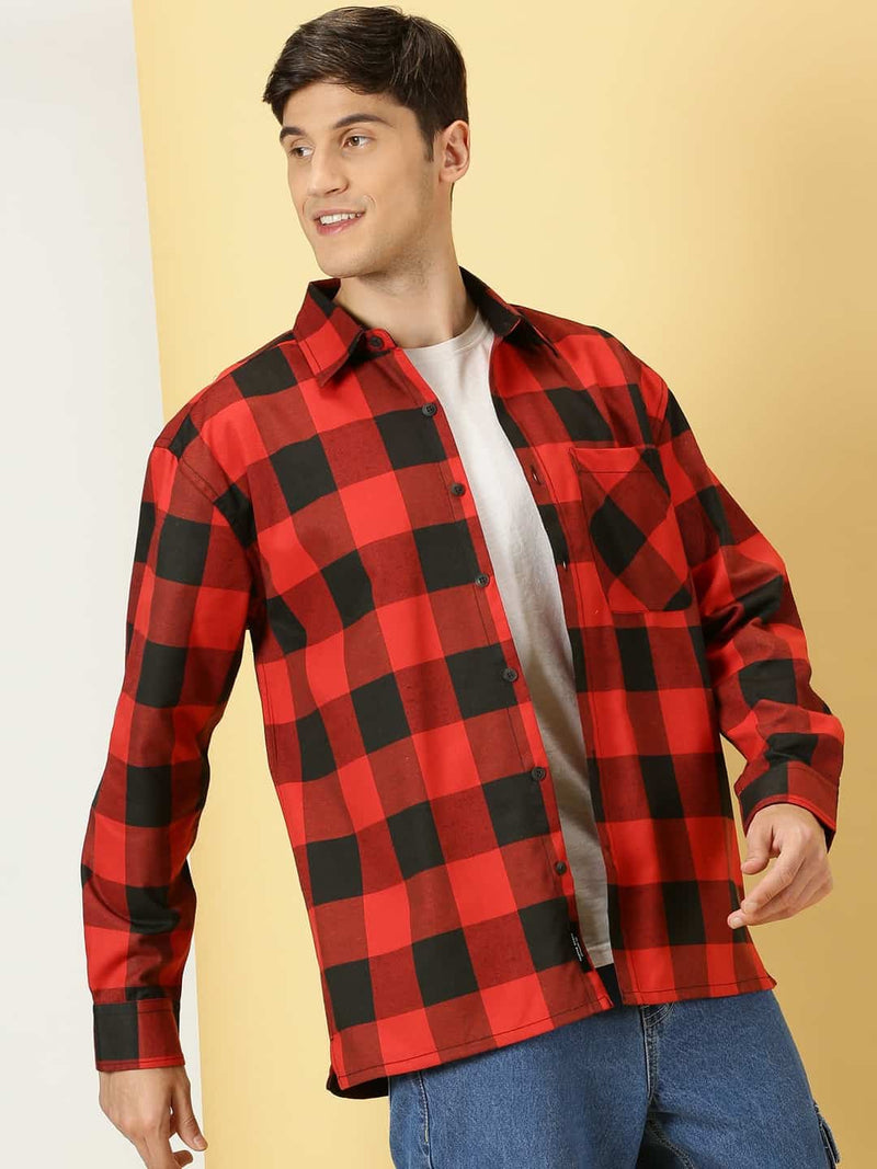 Thomas Scott Men Smart Checked Spread Collar Long Sleeves Oversized Casual Shacket